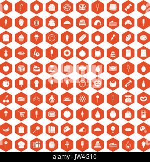 100 confectionery icons hexagon orange Stock Vector
