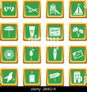 Miami icons set green Stock Vector