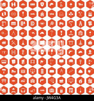 100 construction icons hexagon orange Stock Vector