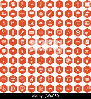 100 construction site icons hexagon orange Stock Vector