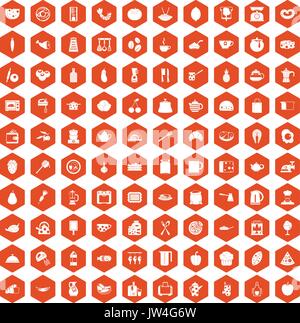 100 cooking icons hexagon orange Stock Vector