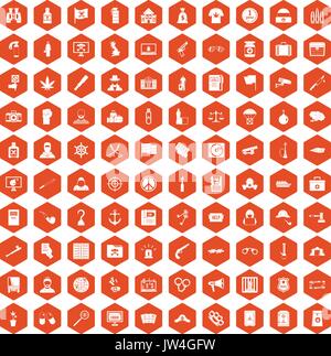 100 crime investigation icons hexagon orange Stock Vector