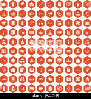 100 criminal offence icons hexagon orange Stock Vector
