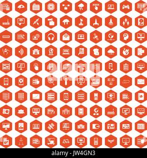 100 database and cloud icons hexagon orange Stock Vector