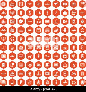 100 device app icons hexagon orange Stock Vector