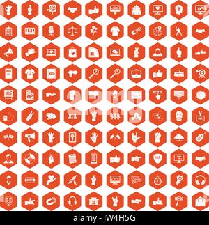 100 different gestures icons hexagon orange Stock Vector
