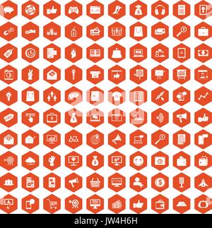 100 digital marketing icons hexagon orange Stock Vector