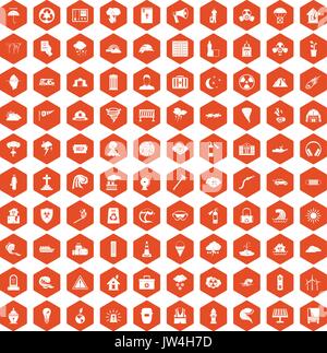 100 disaster icons hexagon orange Stock Vector