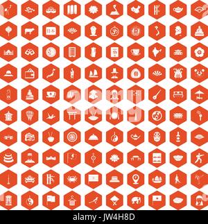100 dish icons hexagon orange Stock Vector