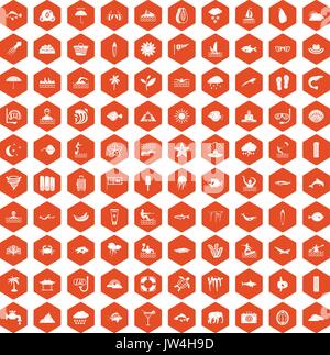 100 diving icons hexagon orange Stock Vector