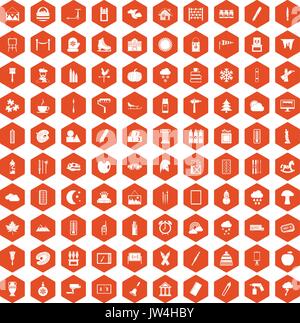 100 drawing icons hexagon orange Stock Vector