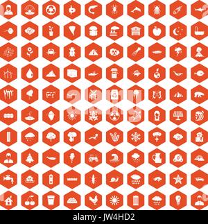 100 earth icons hexagon orange Stock Vector
