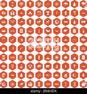 100 eco icons hexagon orange Stock Vector