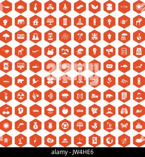 100 eco care icons hexagon orange Stock Vector