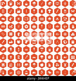 100 eco design icons hexagon orange Stock Vector