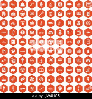 100 economy icons hexagon orange Stock Vector