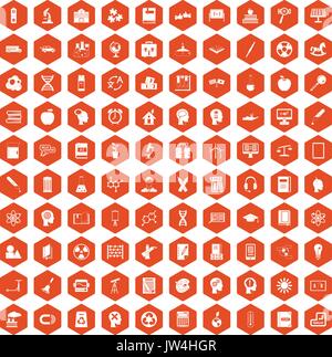 100 education icons hexagon orange Stock Vector
