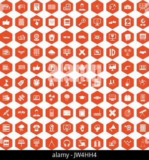 100 education technology icons hexagon orange Stock Vector