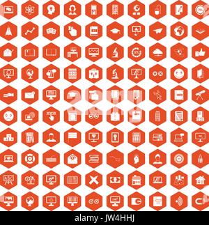 100 e-learning icons hexagon orange Stock Vector