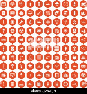 100 electricity icons hexagon orange Stock Vector