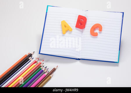A school learning concept with coloured pencils, open school book and ABC alphabet letters on a plain white background with copy space. Stock Photo