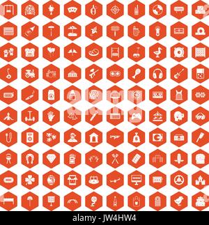 100 entertainment icons hexagon orange Stock Vector