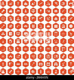 100 equipment icons hexagon orange Stock Vector