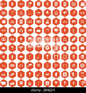 100 events icons hexagon orange Stock Vector