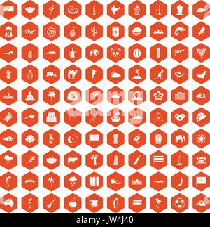 100 exotic animals icons hexagon orange Stock Vector