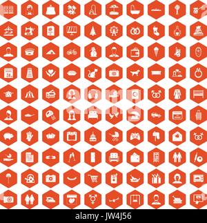 100 family icons hexagon orange Stock Vector