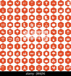 100 farm icons hexagon orange Stock Vector