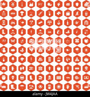 100 farm icons hexagon orange Stock Vector