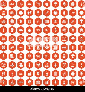 100 farming icons hexagon orange Stock Vector