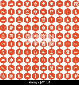 100 fashion icons hexagon orange Stock Vector