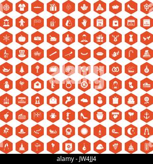 100 festive day icons hexagon orange Stock Vector