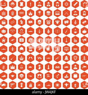100 film icons hexagon orange Stock Vector