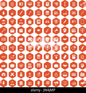 100 finance icons hexagon orange Stock Vector