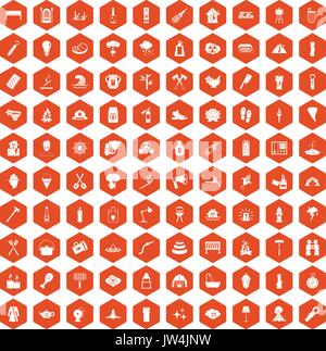 100 fire icons hexagon orange Stock Vector