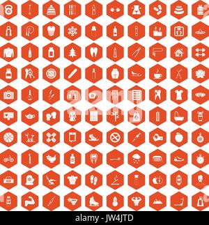 100 fit body icons hexagon orange Stock Vector