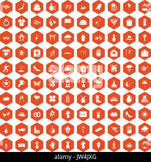 100 flowers icons hexagon orange Stock Vector