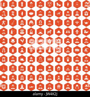 100 folk icons hexagon orange Stock Vector