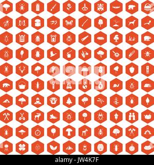 100 forest icons hexagon orange Stock Vector