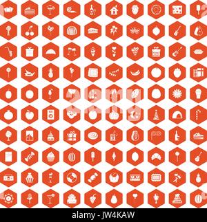 100 fruit party icons hexagon orange Stock Vector