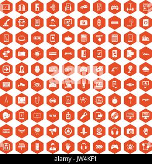 100 gadget icons hexagon orange Stock Vector