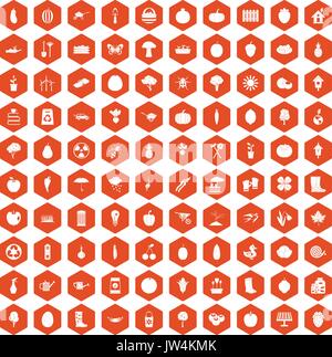 100 garden icons hexagon orange Stock Vector