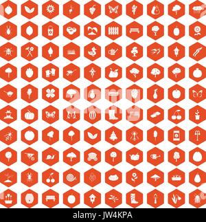 100 gardening icons hexagon orange Stock Vector