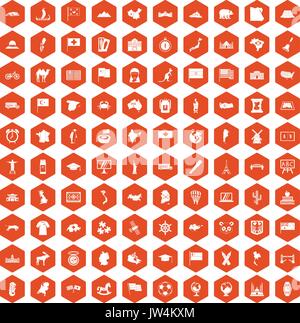 100 geography icons hexagon orange Stock Vector
