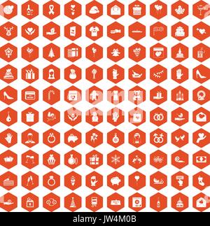 100 gift icons hexagon orange Stock Vector