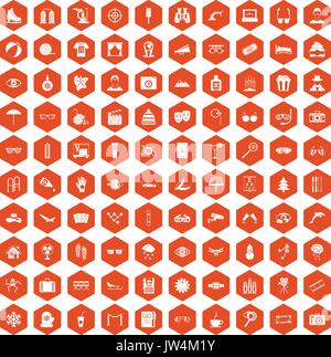 100 glasses icons hexagon orange Stock Vector