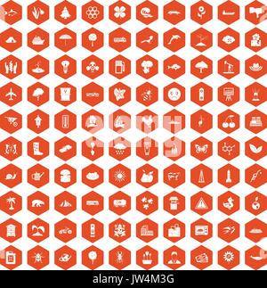 100 global warming icons hexagon orange Stock Vector